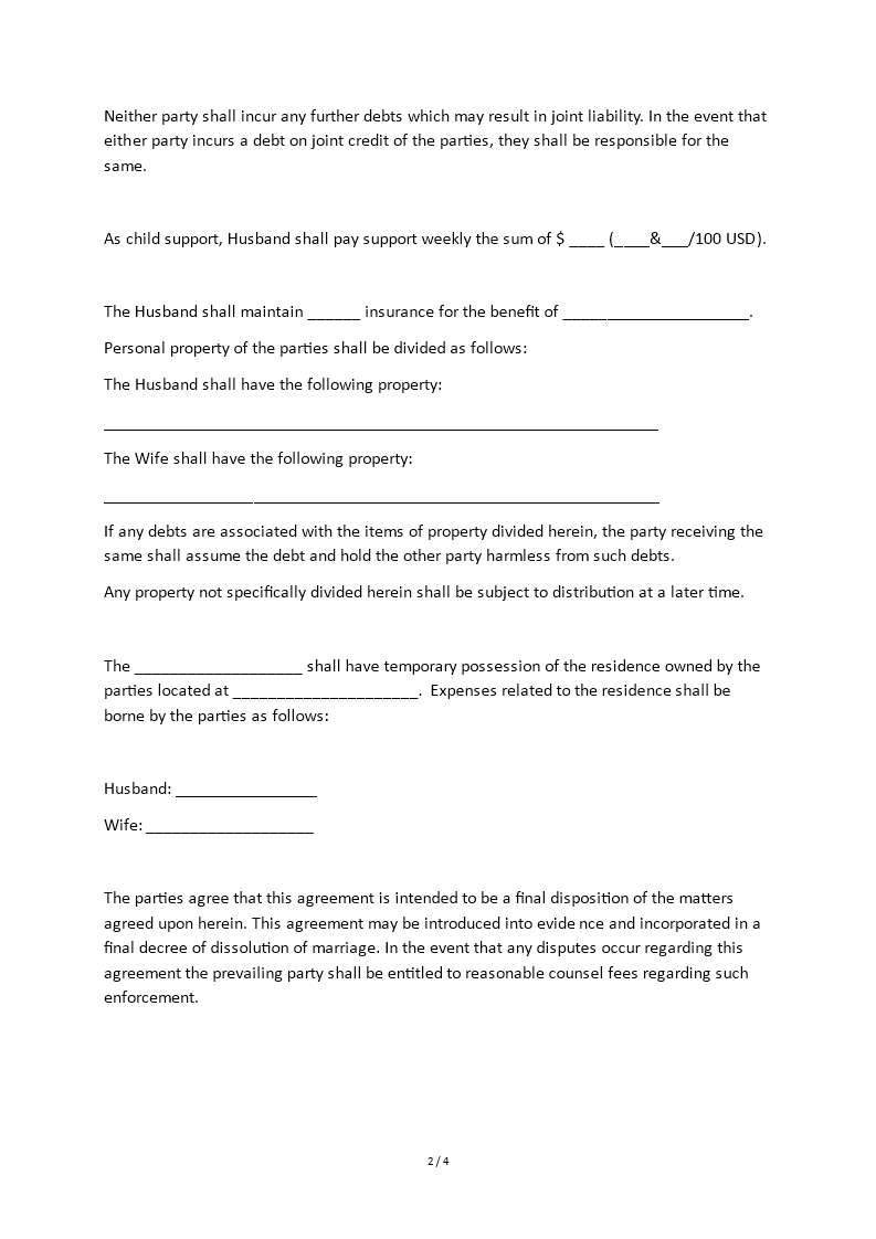 pre divorce agreement example