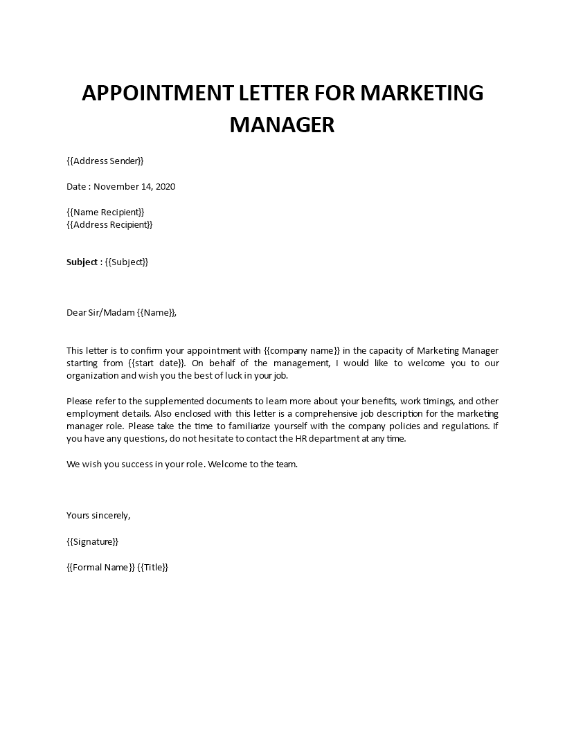 sample appointment letter for marketing manager template