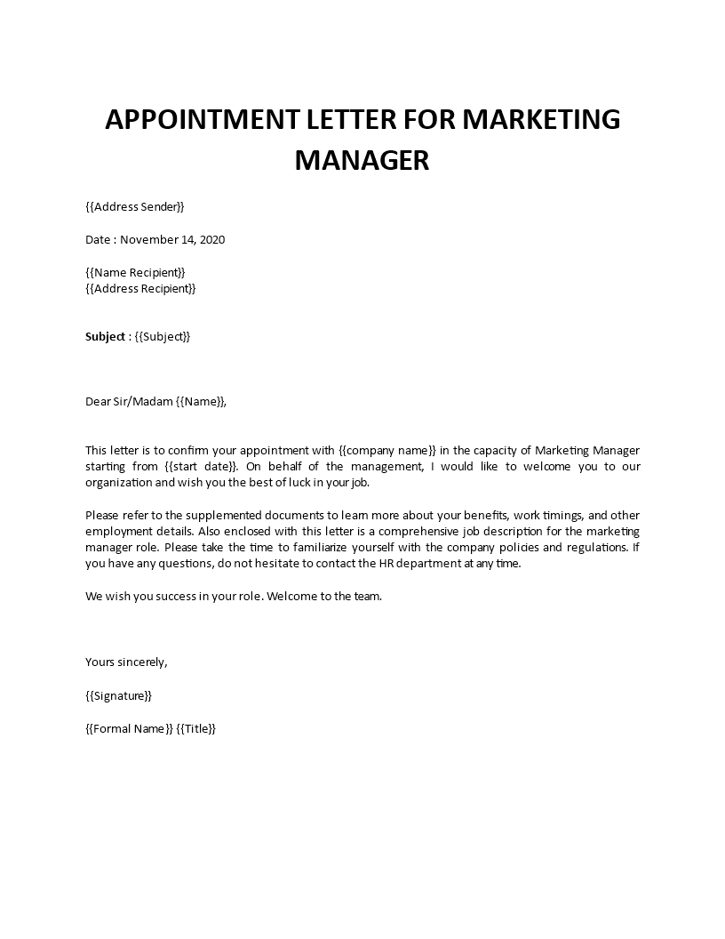 Sample appointment letter for marketing manager