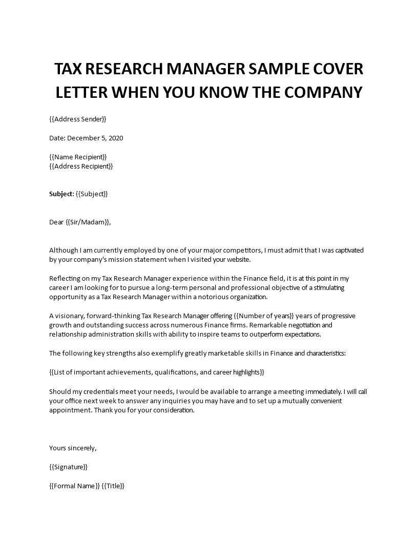 tax research manager cover letter template