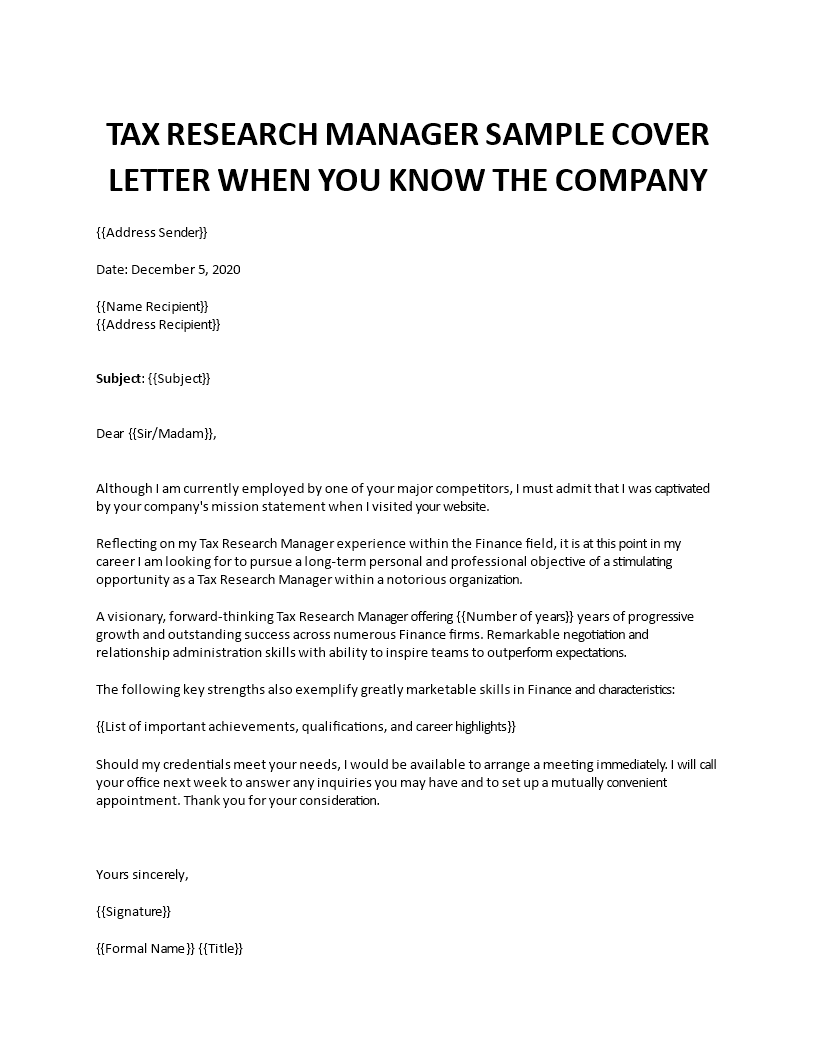 tax research manager cover letter