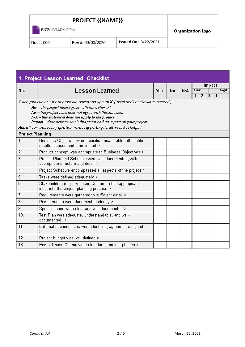 lessons learned register example