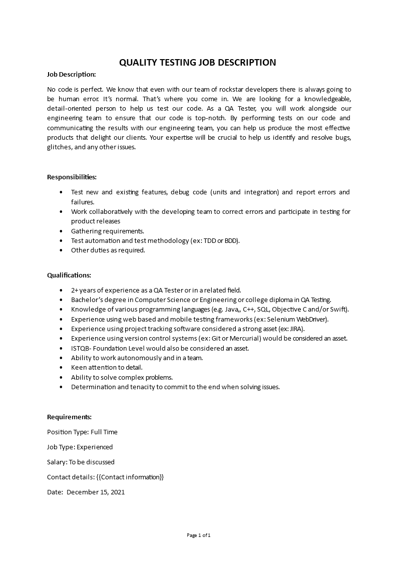 quality testing job description Main Image quality testing job description template