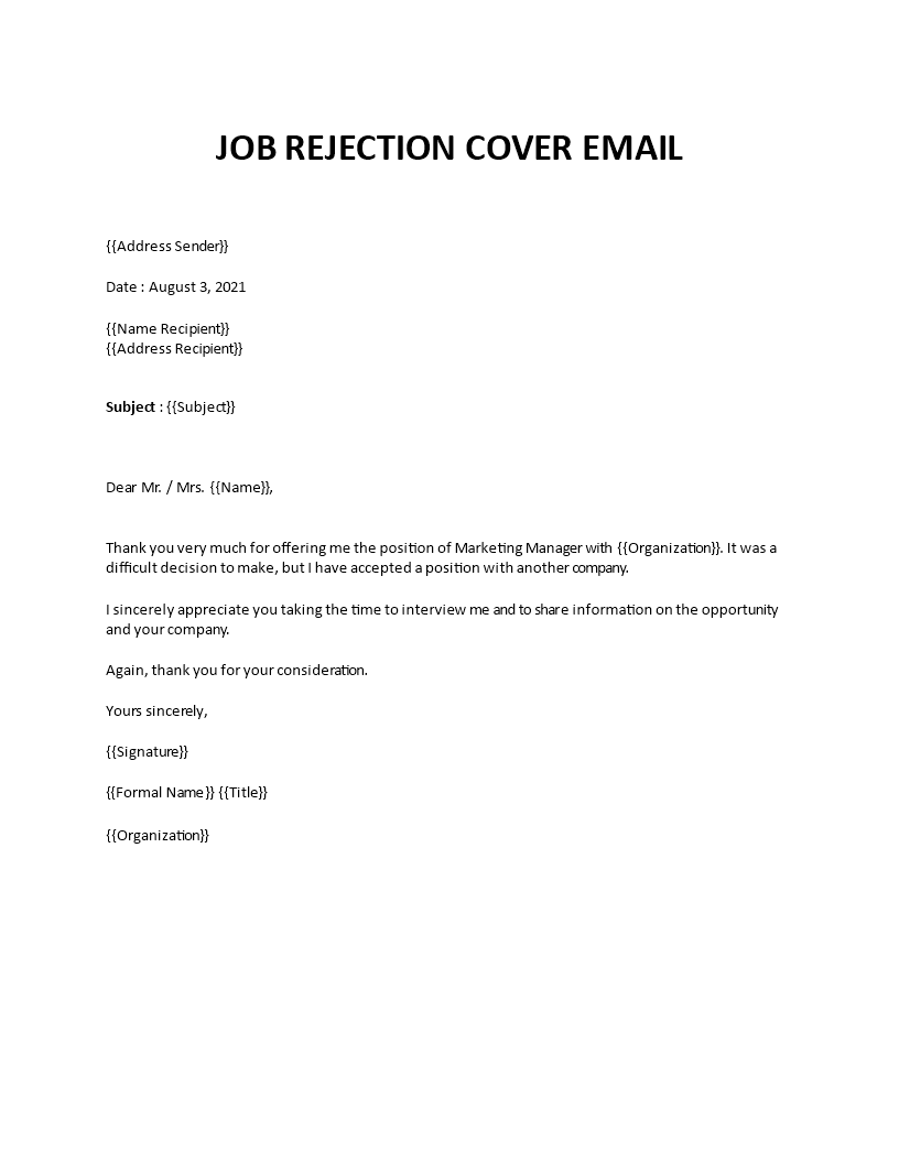 job rejection cover email template