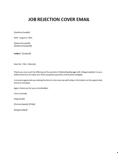 Job Rejection Cover Email