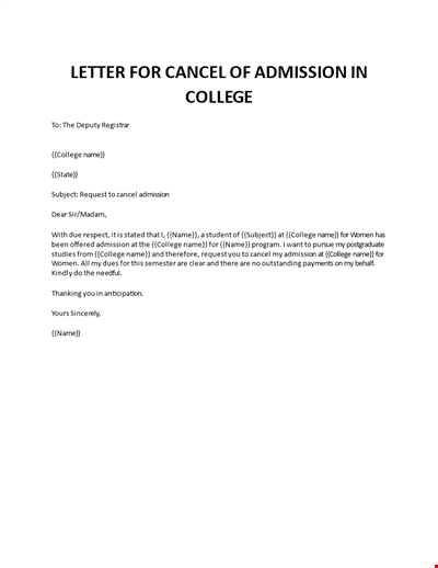 Letter for Cancelation College Admission