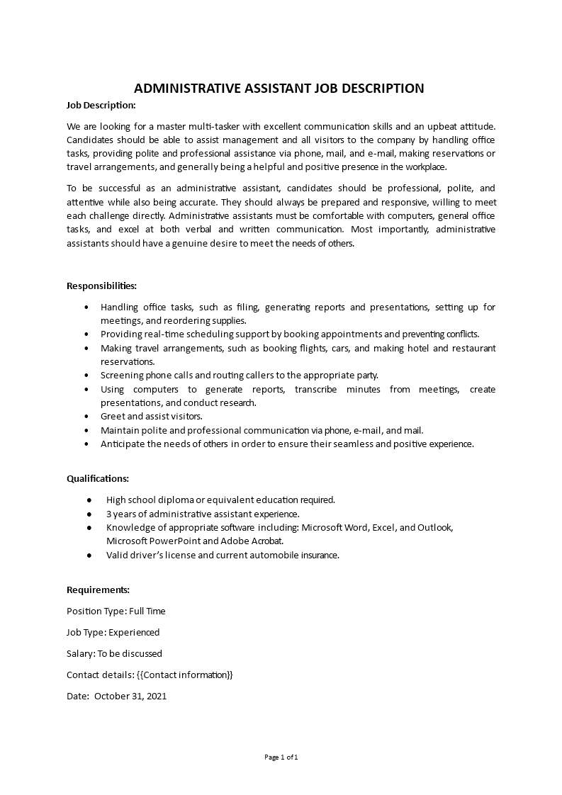 administrative assistant job description