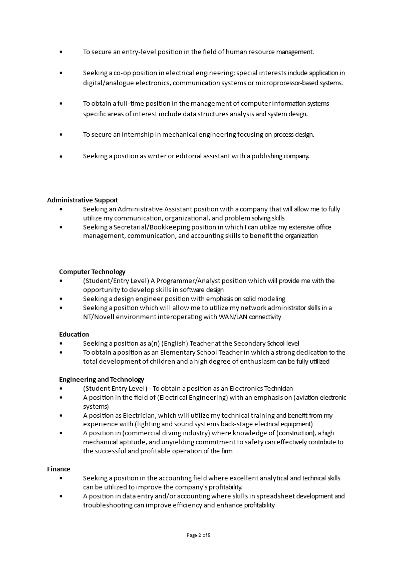 career objective examples template