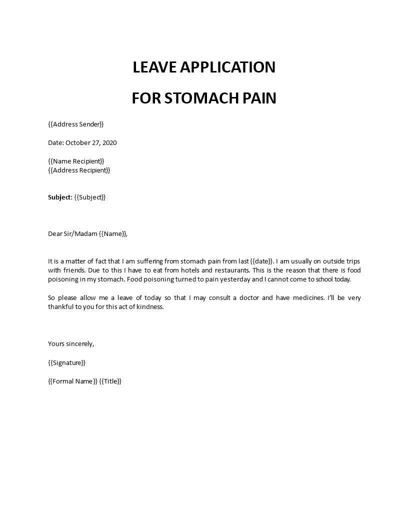 application letter for leave due to stomach pain