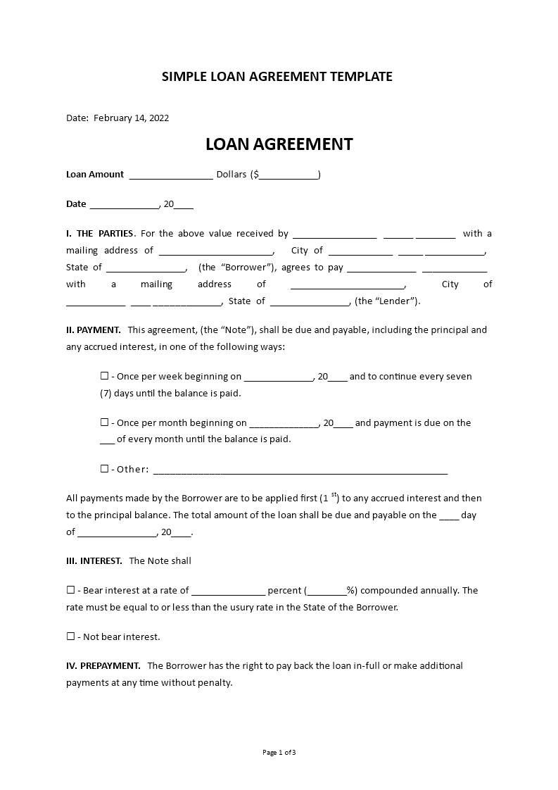 simple loan agreement template template