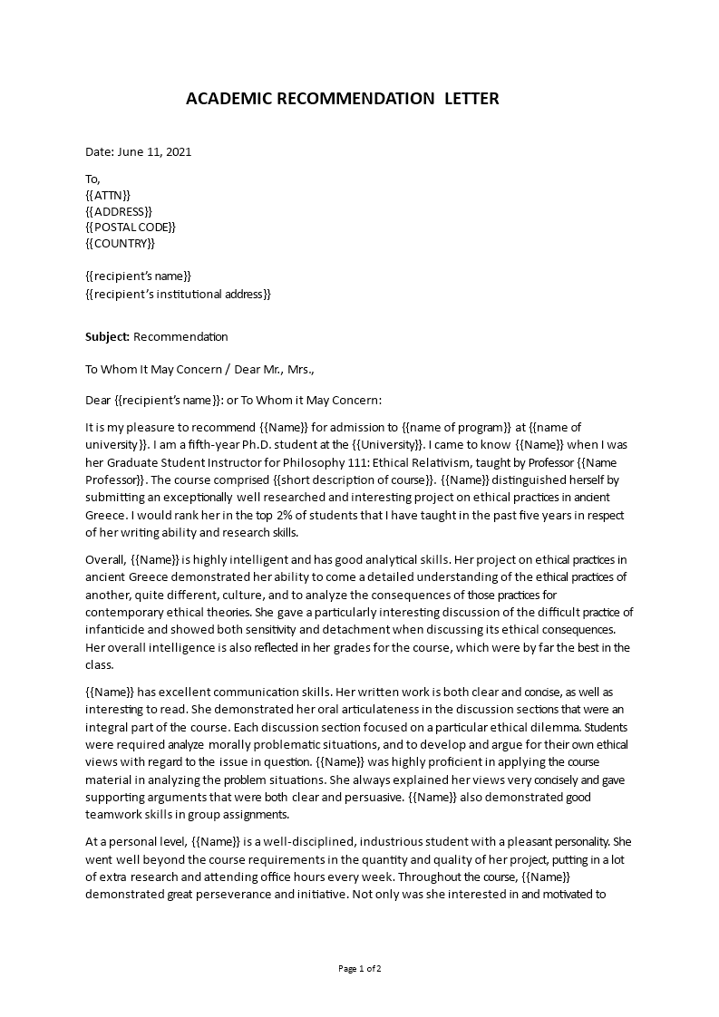 Academic Letter of Recommendation template In Letter Of Recomendation Template