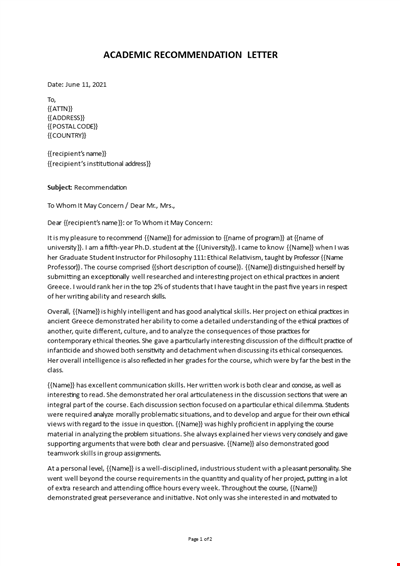 Academic Letter of Recommendation template