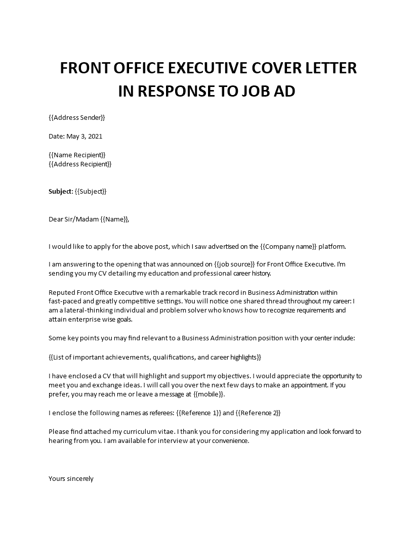 front office executive cover letter 