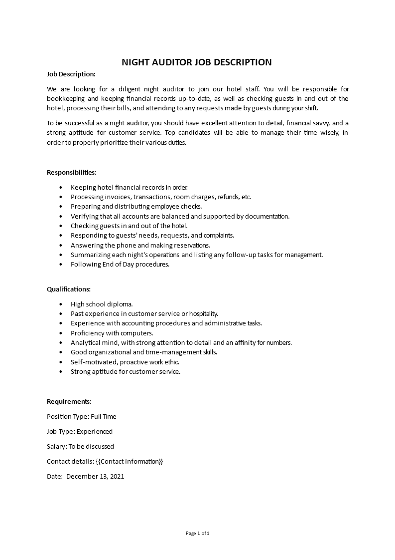 night auditor job description Main Image night auditor job description