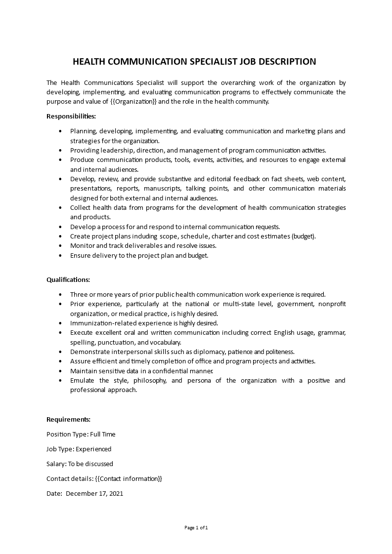 health communication specialist job description template