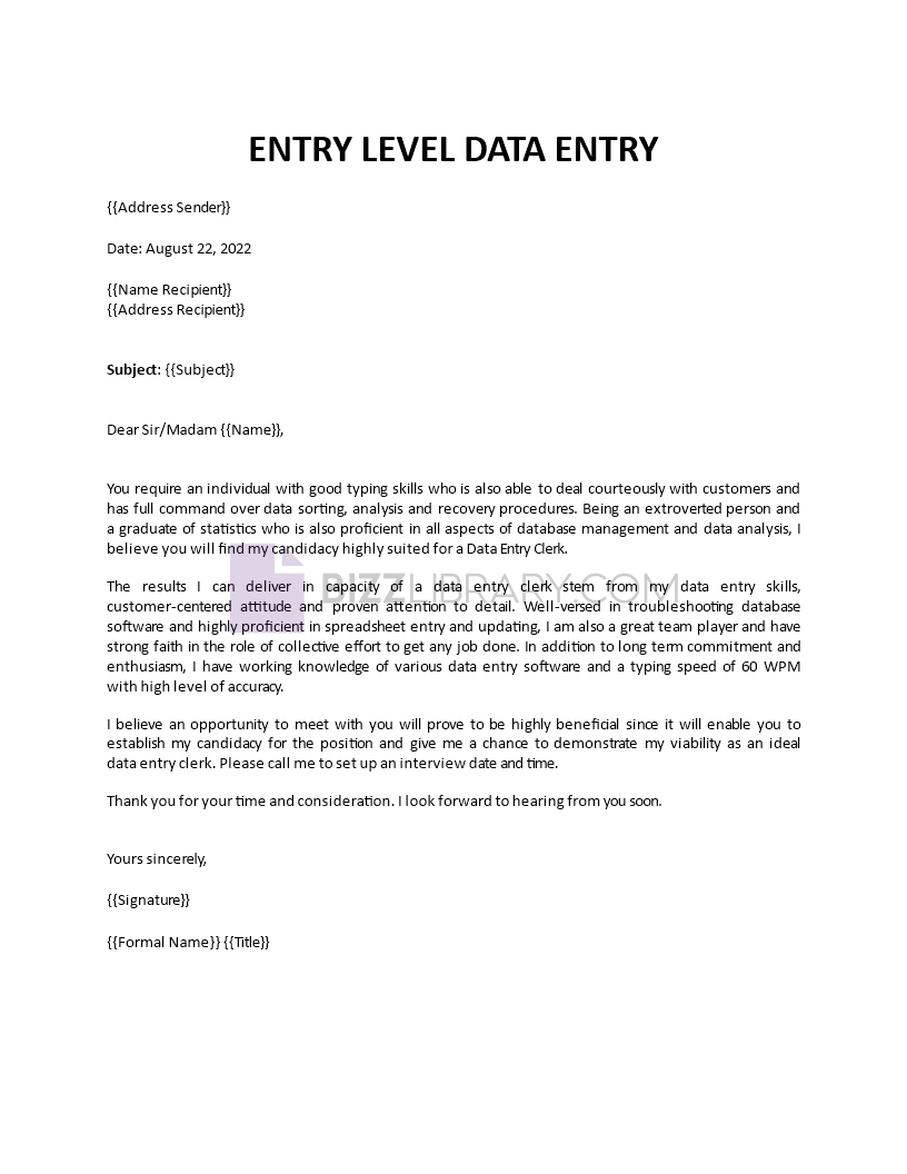 entry level data entry cover letter template