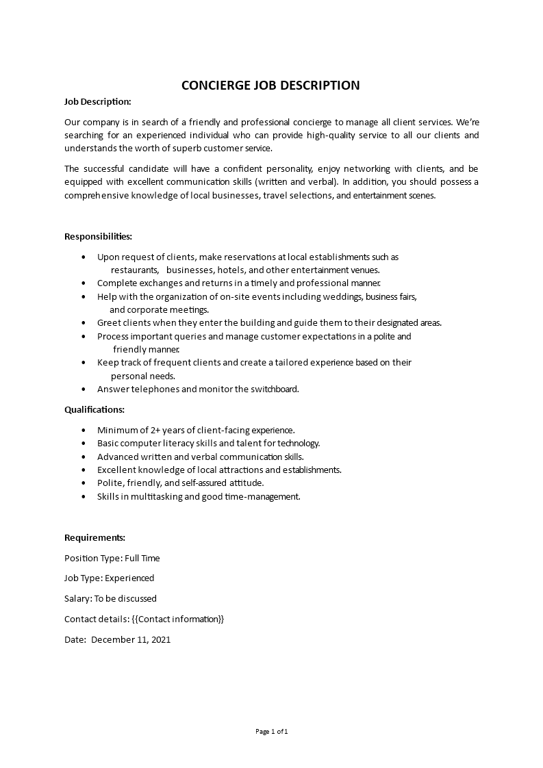 concierge job description Main Image concierge job description template