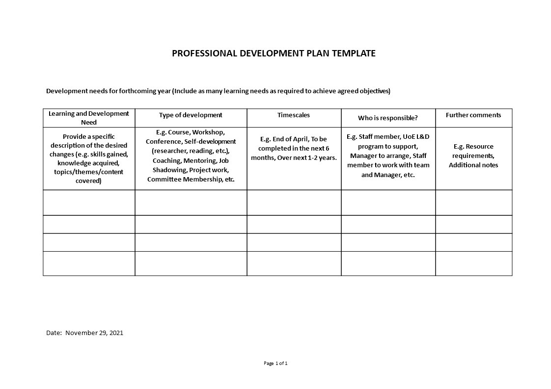 professional development plan example