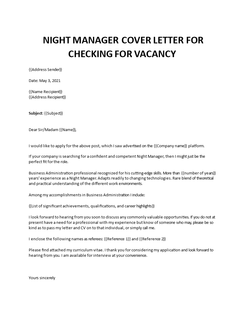 night manager cover letter