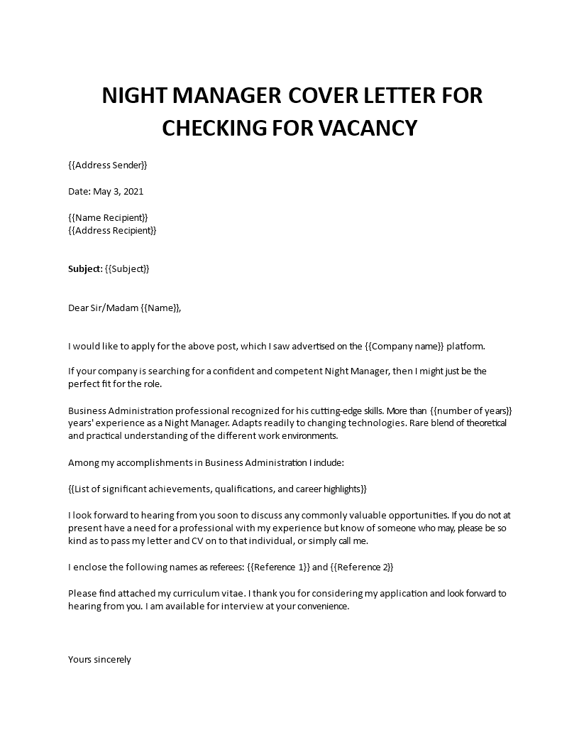 Night Manager Cover Letter