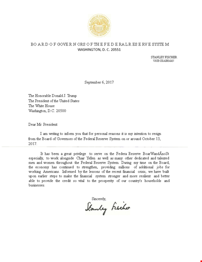 Resignation Letter Template - Official Notice for System President, Washington Reserve