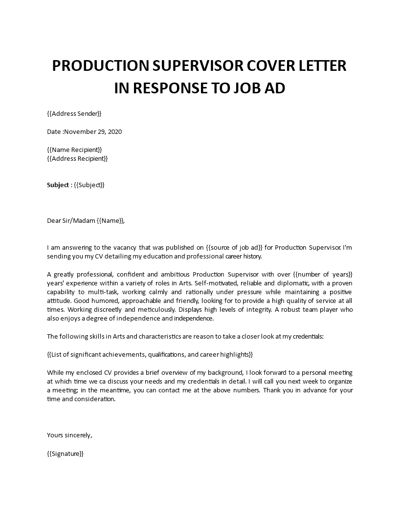 manufacturing supervisor cover letter
