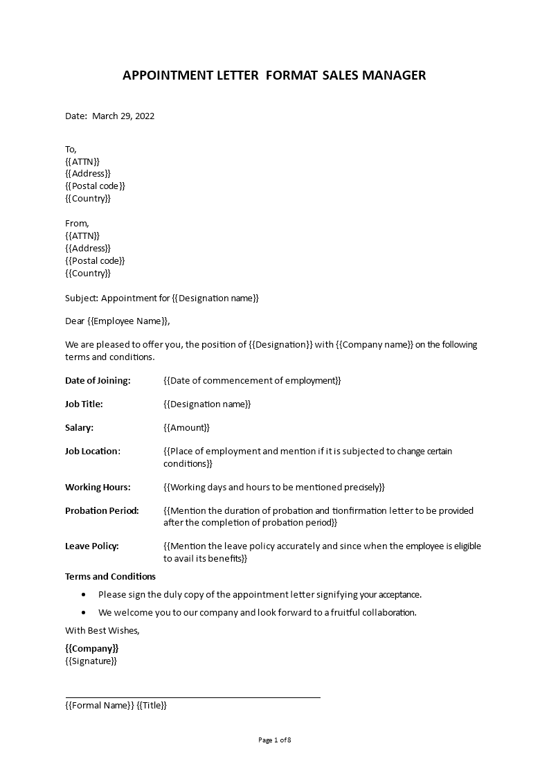 appointment letter for sales manager example