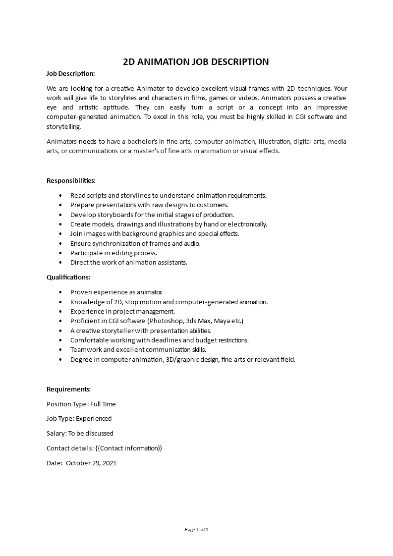 2d animation job description