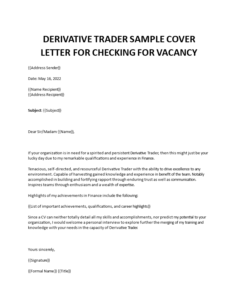 derivative trader cover letter Main Image derivative trader cover letter template