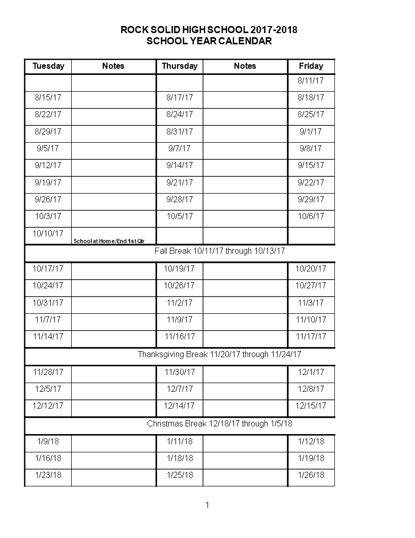 High School Calendar - Friday Break and School Events