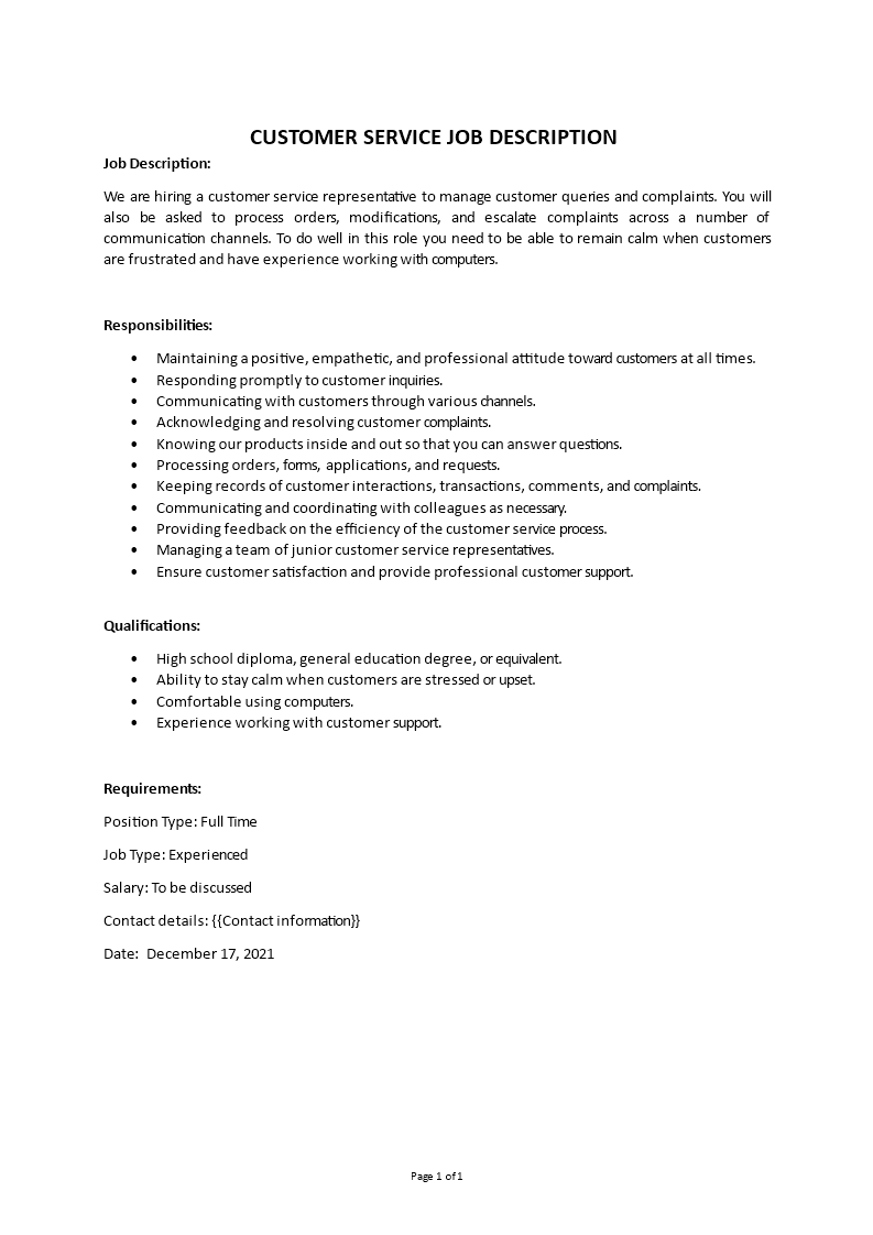 customer service job description