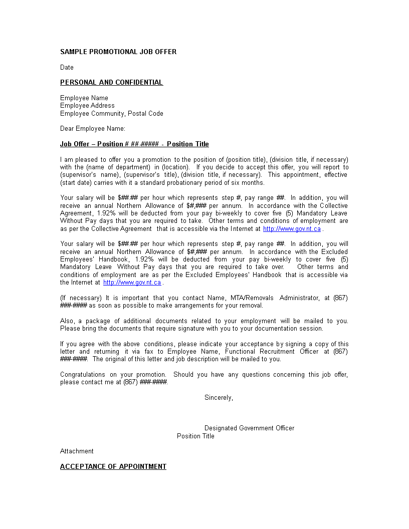 Job Promotion Offer Letter Template