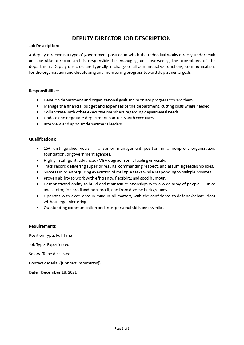 deputy director job description Main Image deputy director job description