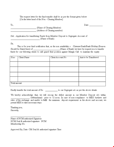 Fund Transfer Letter Template for Account Members - Clearing