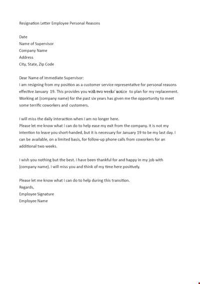 Resignation Letter Employee Personal Reasons