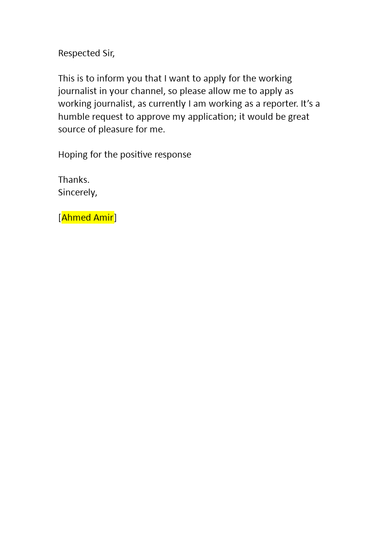 application for employment as a journalist