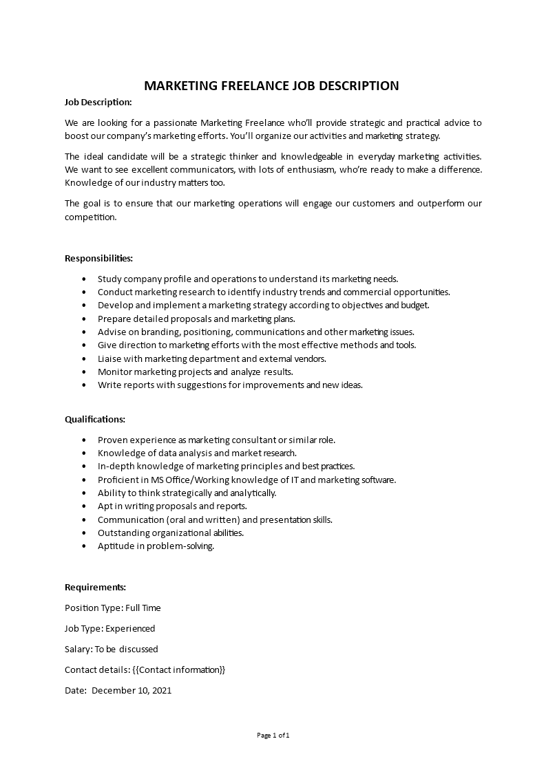 marketing freelance job description template