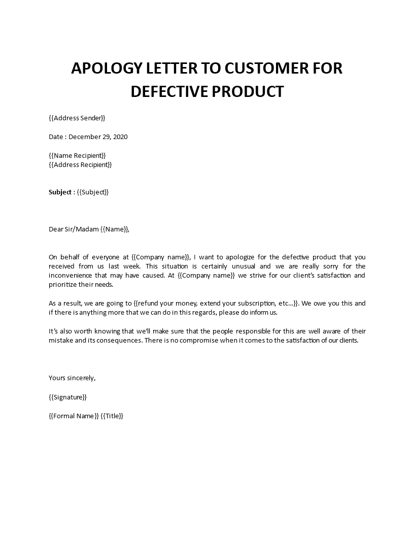 apology letter to customer for bad product