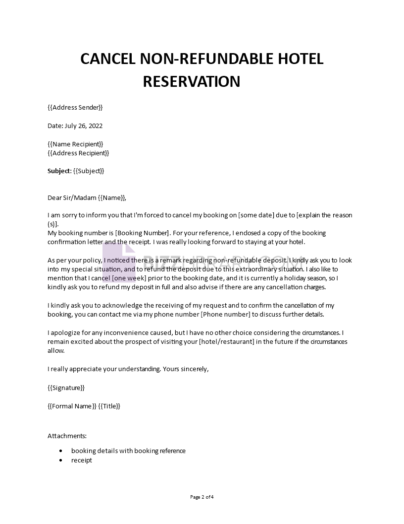 cancel hotel reservation example