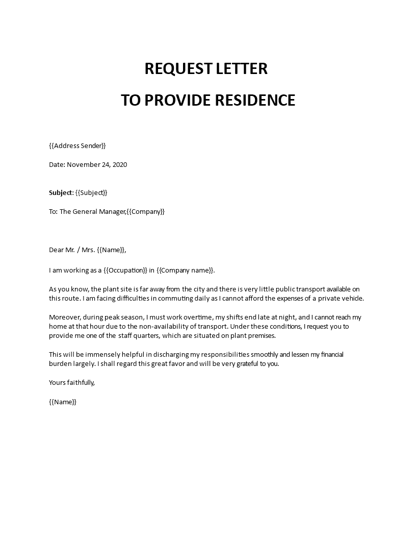 Request letter to company to provide accommodation