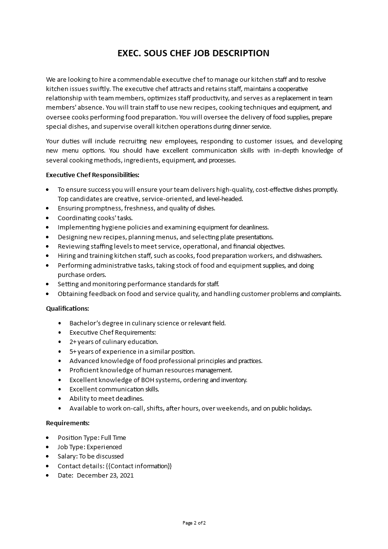 executive sous chef job description template