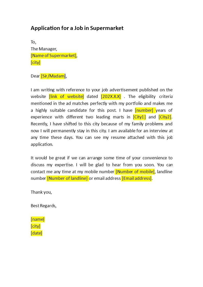 sample of job application letter in a supermarket