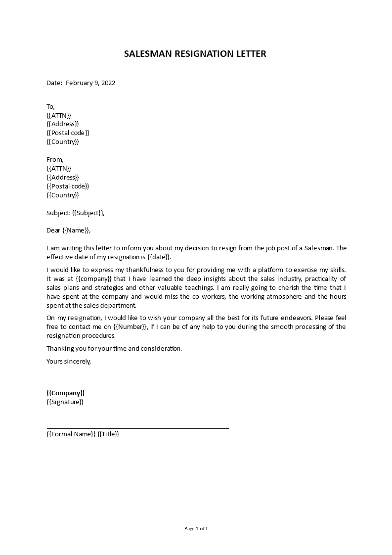 salesman resignation letter