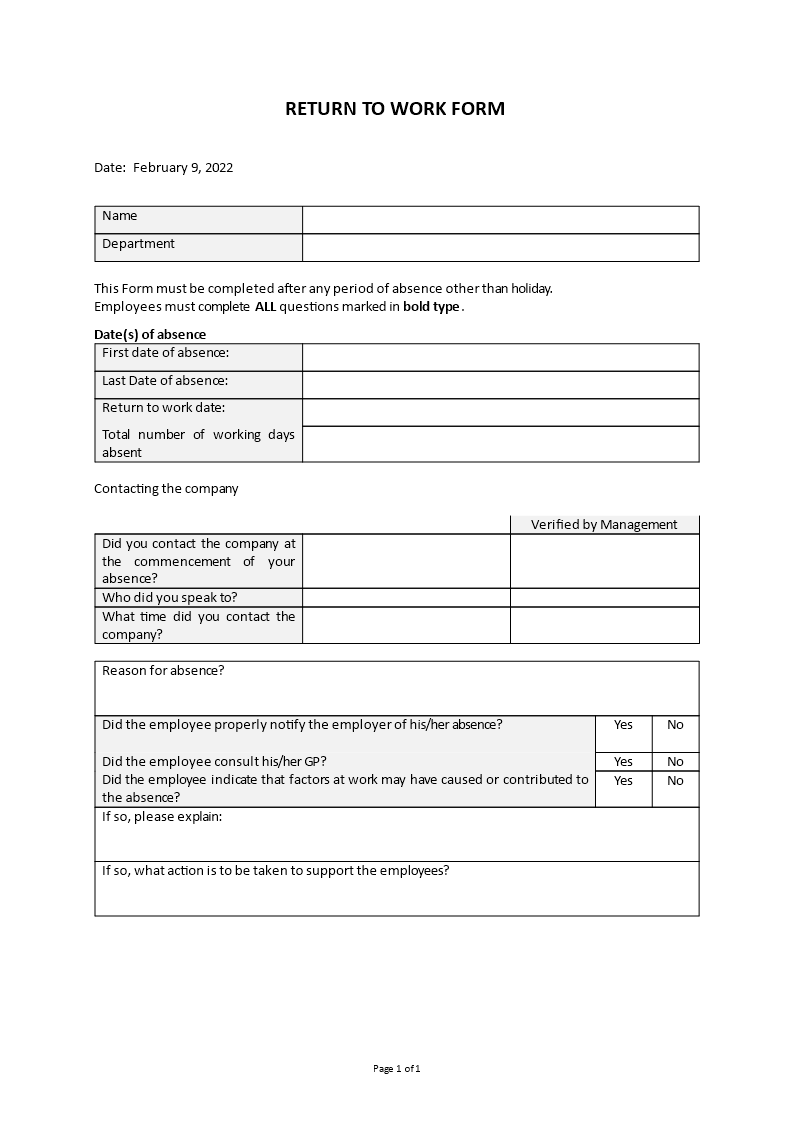 return to work form