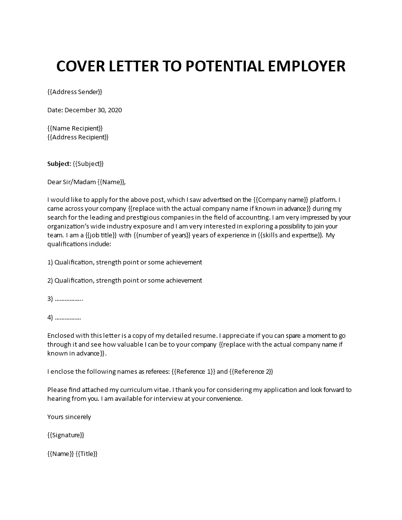 cover letter to potential employer template