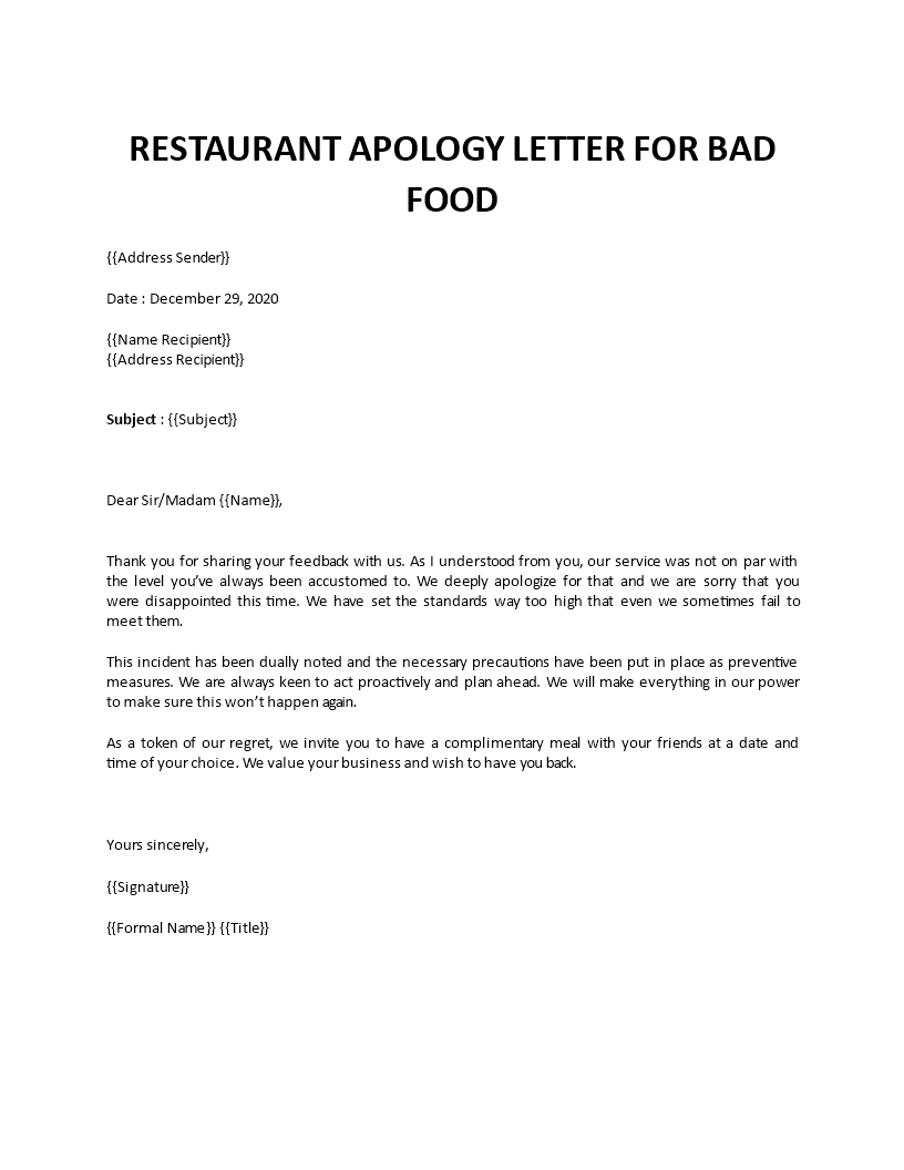 Apology letter for bad food