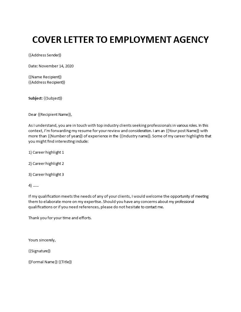 Cover letter to employment agency