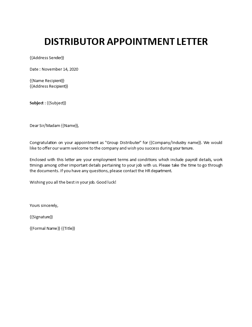 appointment distributor letter