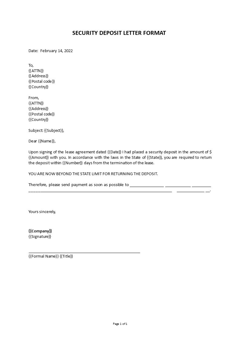 security deposit letter format