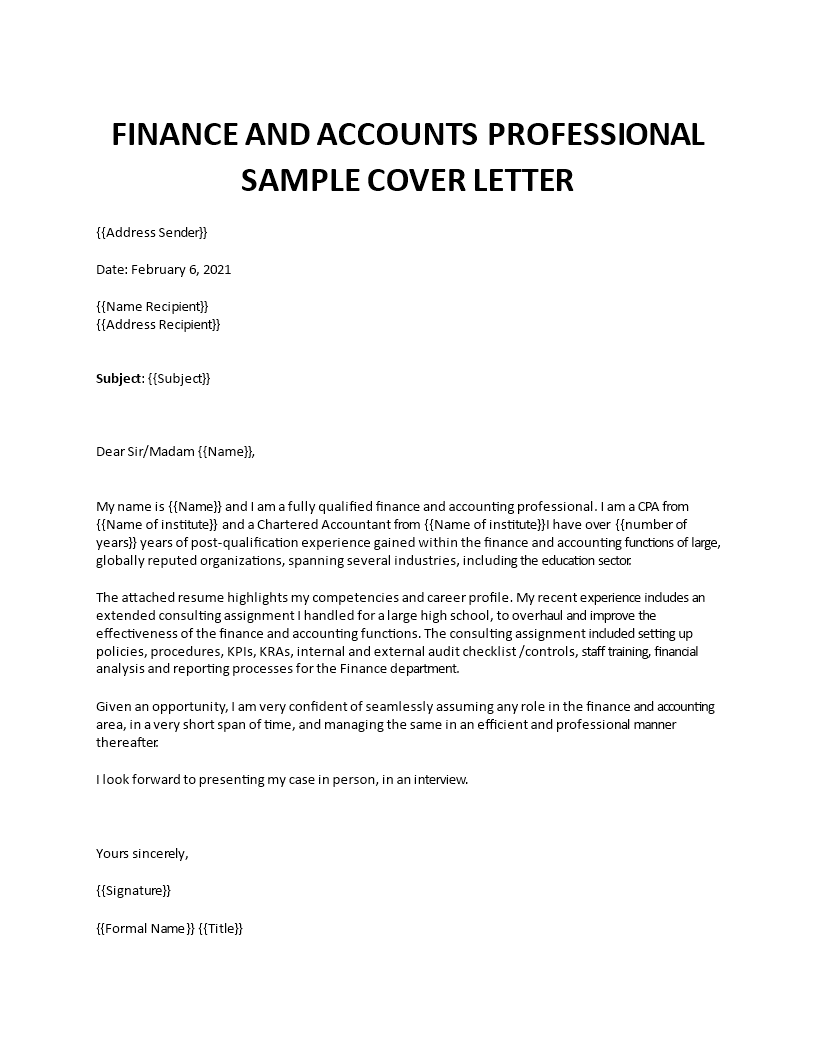 sample cover letter for a finance job